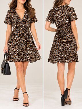 MICHAEL Michael Kors Leopard Print Ruffle Faux Wrap Mini Dress M